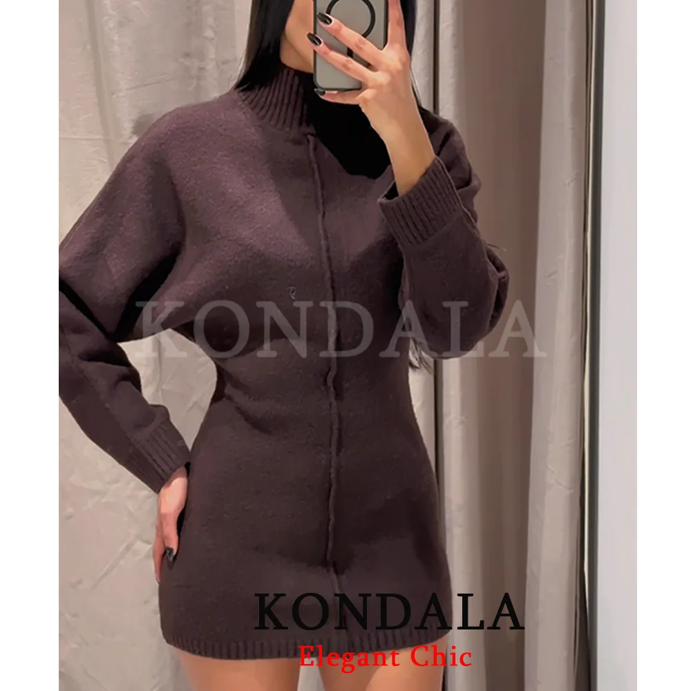 KONDALA Women Elegant Knitted Mini Dress Half Turtleneck Dress 2026 Spring Fall High Street Party Commute Versatile Short Dress