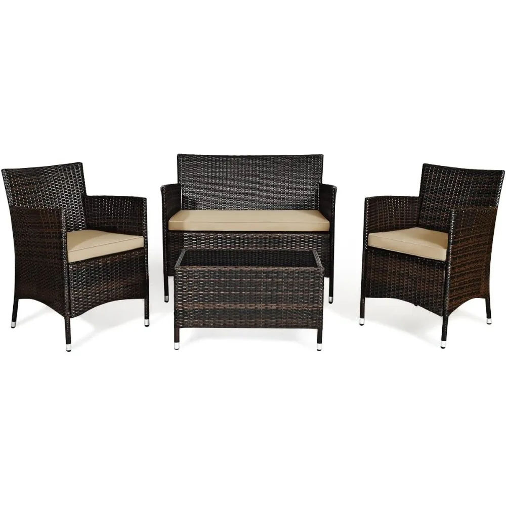 

4-piece rattan courtyard furniture set, outdoor rattan chair with coffee table, rattan mat conversation set