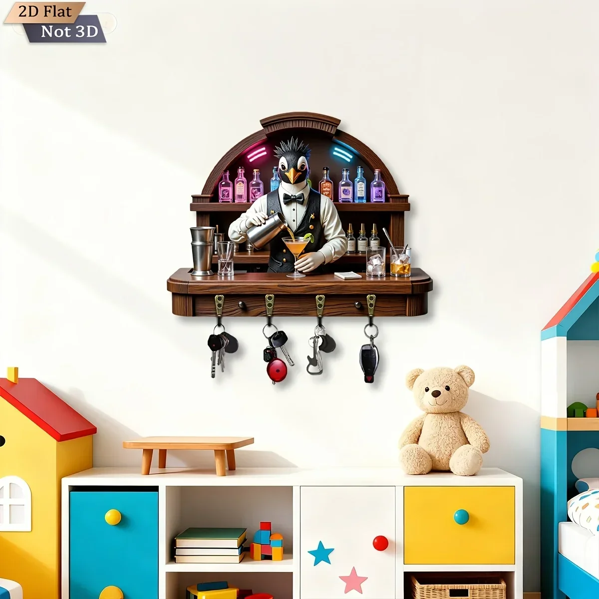 2D Flat, 1pc, Penguin Bartender Style Key Hook Wooden Multifunctional Home Key Holder with 4 Metal Hooks, Wall Decoration,