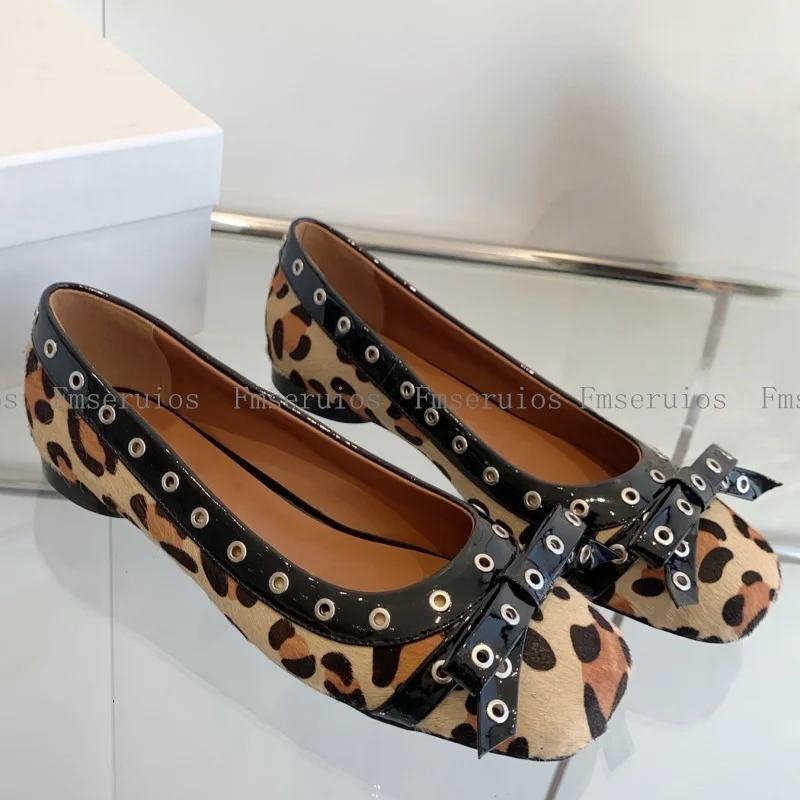 

2025 Women Sweet Ballet Flats Shallow Square Toe Genuine Leather Top Quality Bowknot Leopard Elegant Casual Dress Shoes Summer
