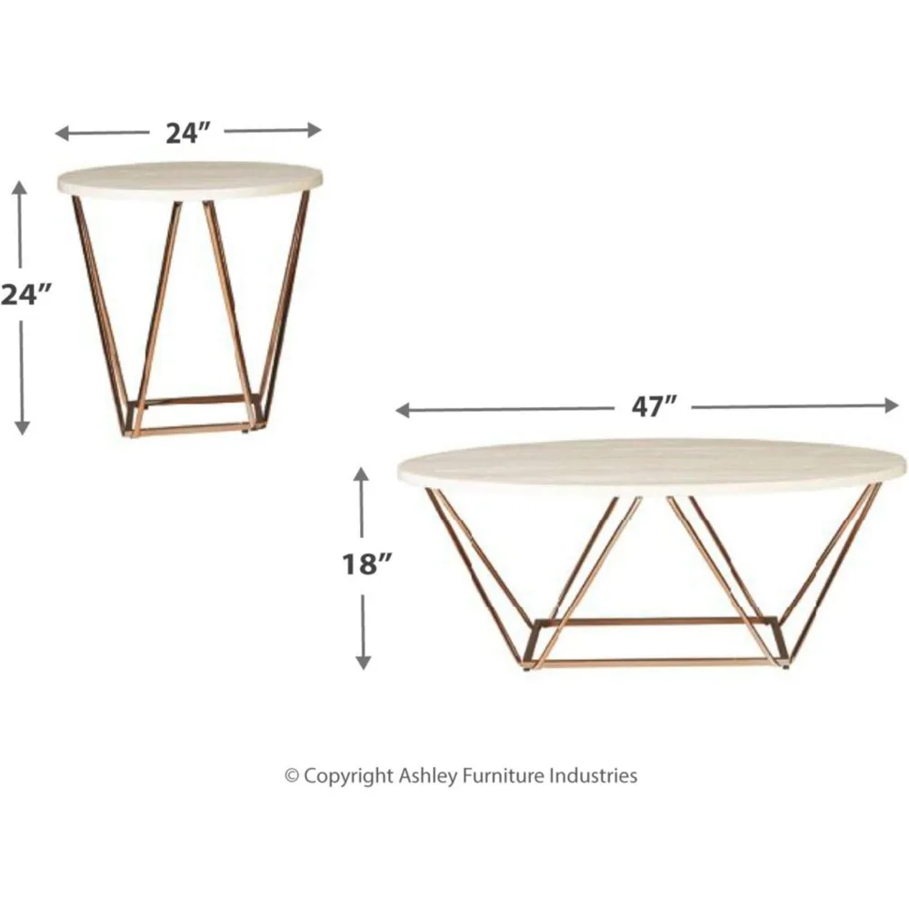 Conjunto de mesa moderna Tarica de 3 peças, inclui café e 2 mesas finais, branco e dourado