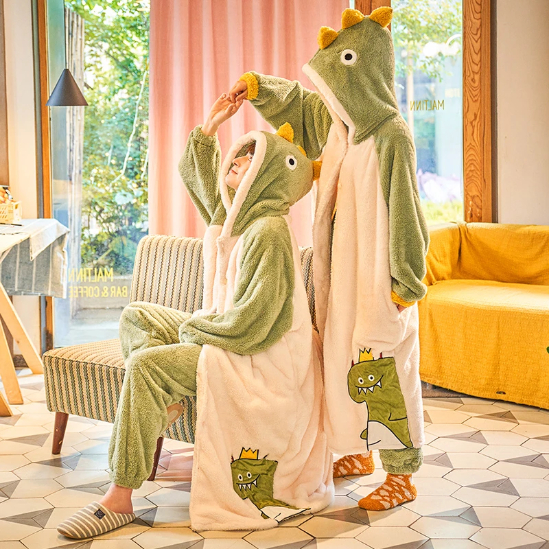 Couples Night-robe Women Men Pajamas Winter Thicken Nightgown Sleepwear Kawaii Crocodile Hooded Pijama With Pants Night Gown