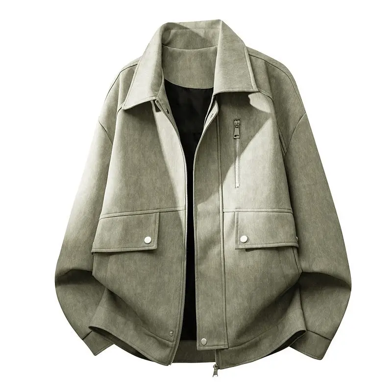 Spring Autumn New Sle Youth Men's Leather Jaet Coat Loose Fit Long Sve No Collar Thin Wool Material M Outerwear