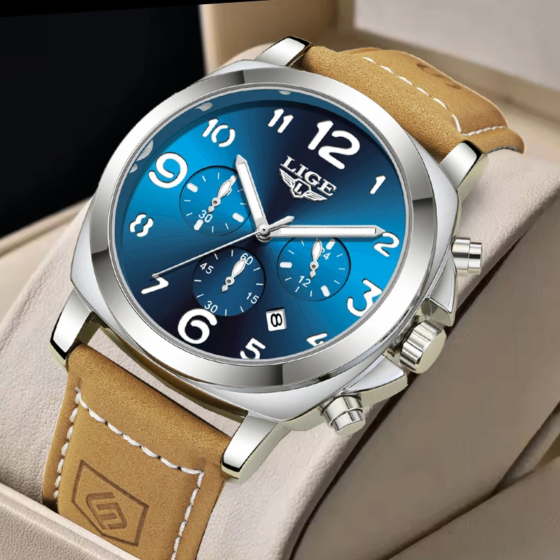 

LIGE Casual Leather Watches For Men Top Brand Luxury Big Dial Watch Men Fashion Waterproof Luminous Date Chronograph Clock Male