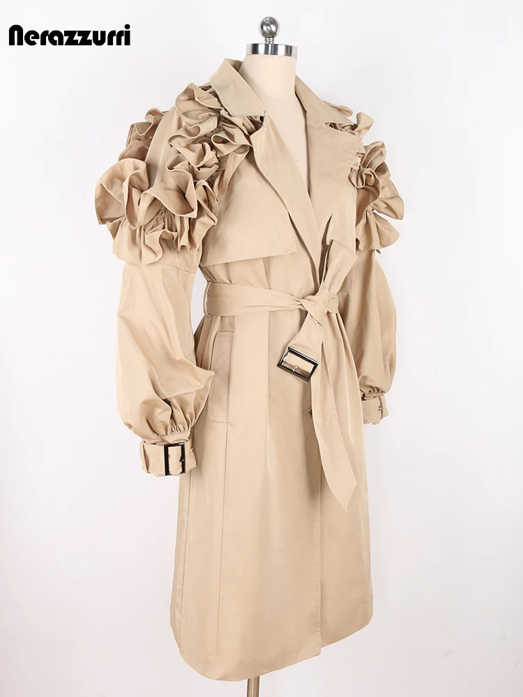 Nerazzurri Spring Autumn Runway Ruffled Khaki Long Trench Coat for Women Belt Elegant Chic Modest Luxury Designer Clothes 2024