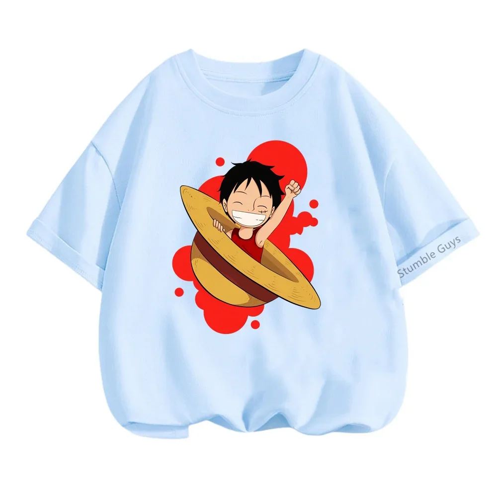 Cartoon Boys T-shirt Summer Casual Anime One Pieces Tshirt Kids Clothes Boys Tops Tee Luffy Gear 5 Girls Streetwear