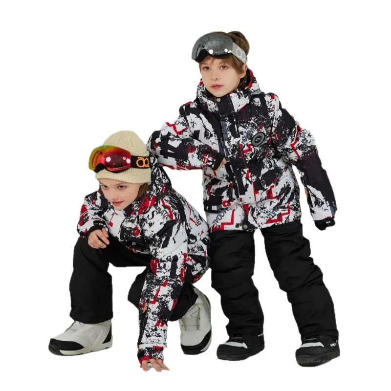 2025New Children's Thickened Wear-resistant Ski Suit Set, Veneer and Double Board Warm Outdoor Ski Suit
