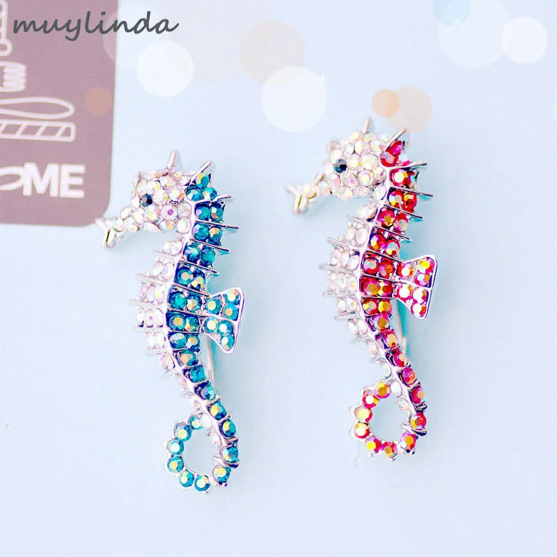 Fashion Full Rhinestone Seahorse Brooches For Women Cute Marine Life Lapel Pins Cartoon Sea Animal Backpack Badge Jewelry Gift