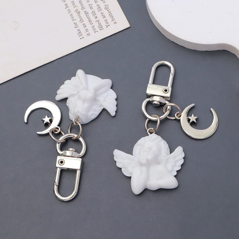 Exquisite White Little Angel Charms Keychain Women Girl Cute Mini Moon Star Keyrings Phone Case Pendant Key Holder Jewelry Gift