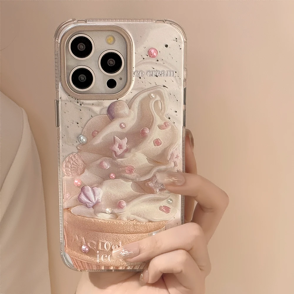 Luxury Silver Taro Flavored Ice Cream Pearl Phone Case for iPhone 15 14 13 12 Pro Max Plus Metal Lens Frame Bumper Cover