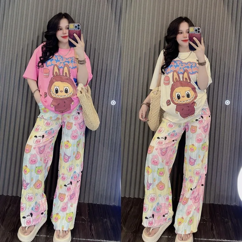 Labubu Anime Print T-Shirt And Pants Cartoon Short Sleeved Shirt Casual Fashion 2pc Set Cute Woman Outdoor Clothing Gift To Girl