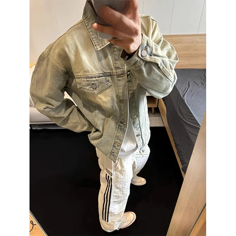 

Washed Short Men's Denim Jacket Yellow Mud Color Spring Autumn Style Retro American Workwear Jacket Trendy Brand Youthful Energy