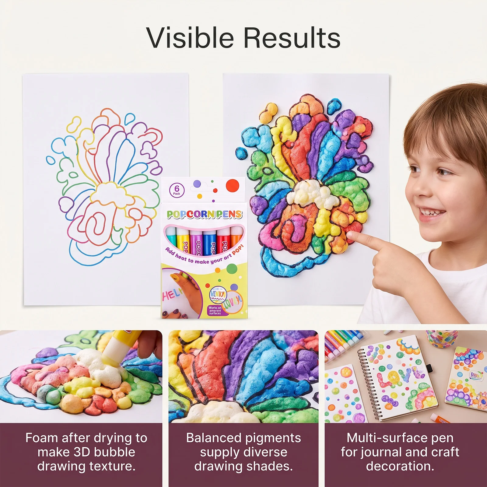 6-Color 3D Bubble Popcorn Painting Pen Magic Bubble DIY Art Pen Children's Painting Coloring Creative Marker Pen Waterproof 60ml