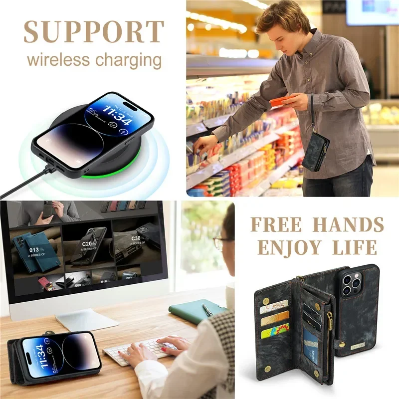 Etui z paskiem na szyję i skórzanym portfelem Caseme do iPhone 18 17 16 15 14 12 13 11 Pro Max Se2020, magnetyczne etui z zamkiem błyskawicznym, pokrowiec na karty, Hoesje — zdjęcie produktu 6