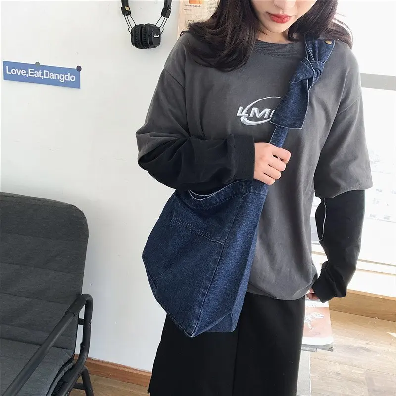 Tie A Knot Denim Bags For Women Student Shoulder Bag Female Big Shopping Bag Eco Bag Korean Canvas Messenger Bag Y2K Handbags