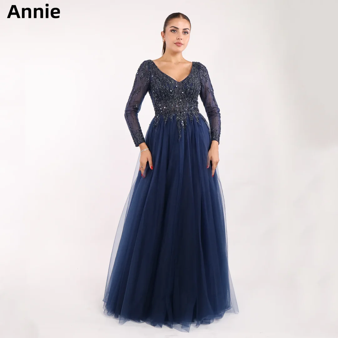 Annie Dark Blue Prom Dresses Glitter Embroidery Luxury Wedding Dress Elegant Tulle Long Sleeves Robes De Soirée Customized 2025