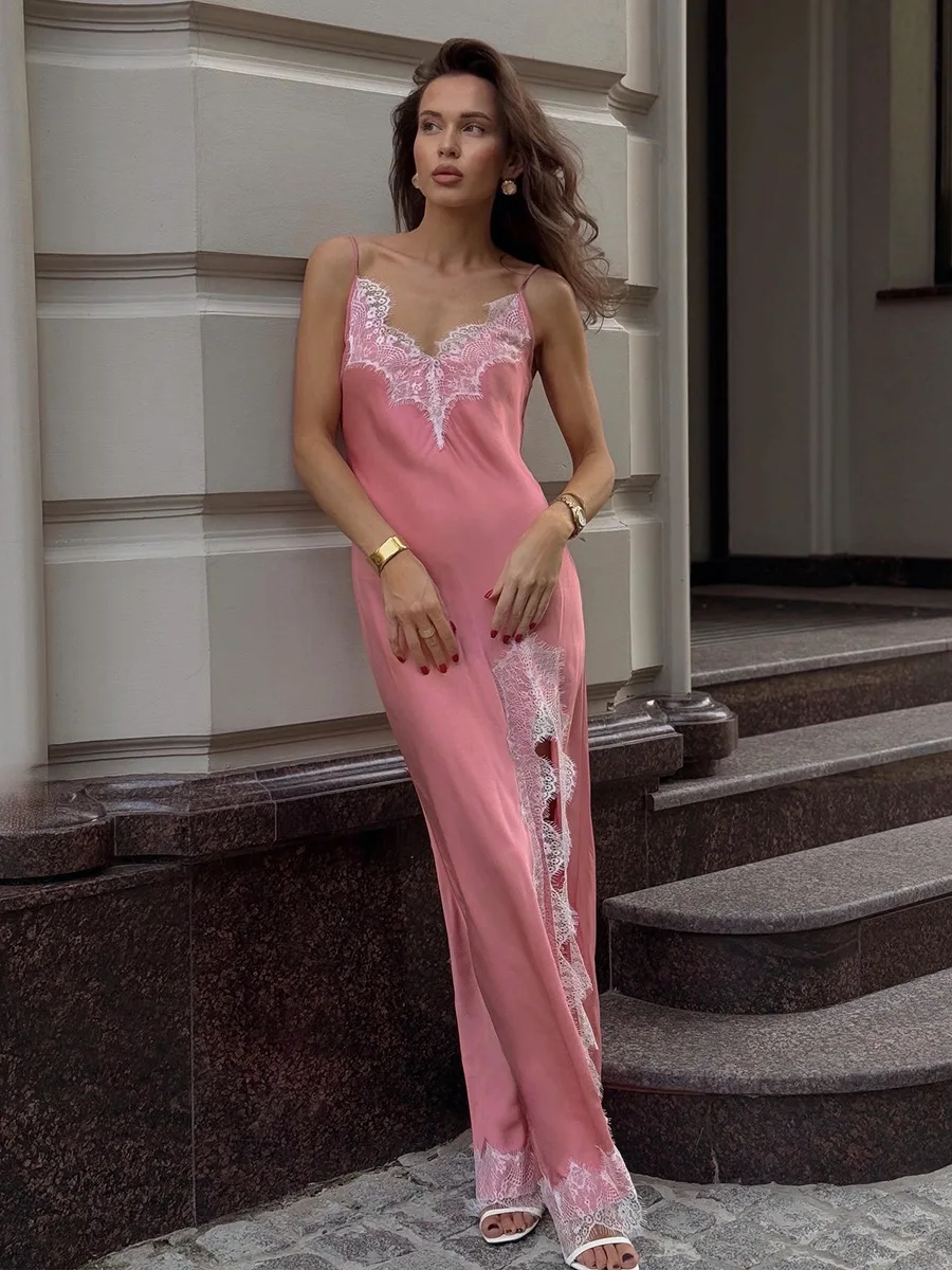 

Solid Satin Sexy Split Long Dress Women Lace Trim V-neck Sleeveless Evening Party Vestidos Vintage Fashion Elegant Maxi Dresses