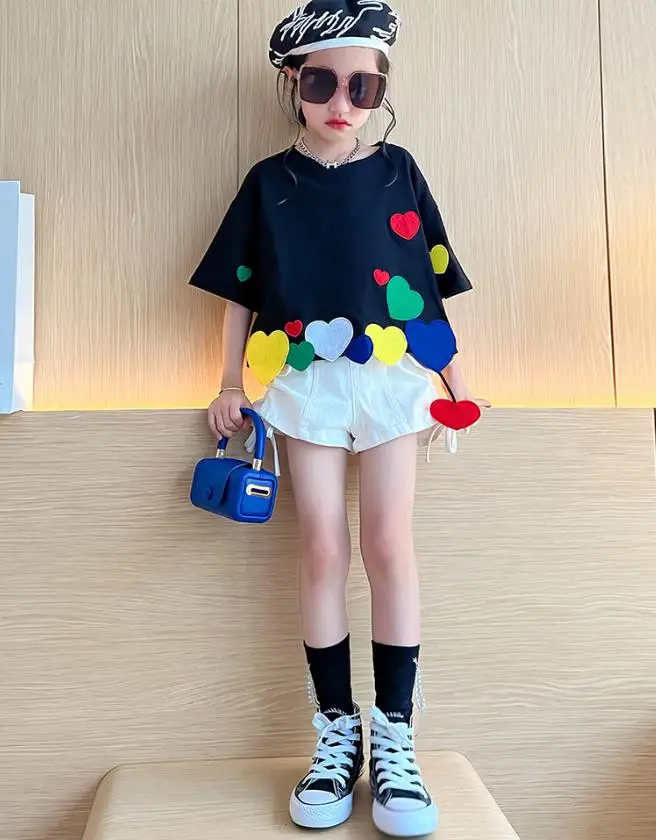 Girl Summer New Black T-Shirts Loves Patchwork Tops Short Sleeve Loose Tees Fashion Teenage Clothes T-Shirts 4-16 Years Wz1119