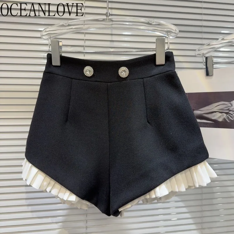 OCEANLOVE-Shorts foldados para mulheres, calça simples de cintura alta, moda coreana, patchwork, primavera e verão