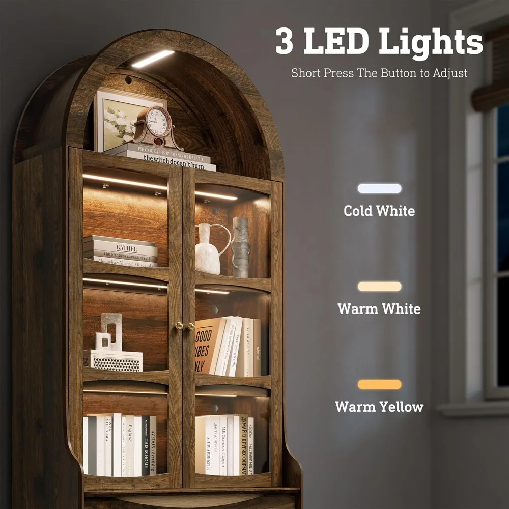 Современная 4-уровневая высокая арочная книжная полка в стиле фермерского дома со стеклянными дверями, светодиодной подсветкой и деревянной конструкцией