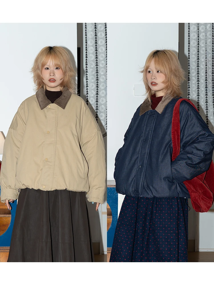 

Vintage Japanese Sle ort Zipper Cotton Jaet Friend Barn Workwear Coat High Waist Single Button Retro Collar Long Sve