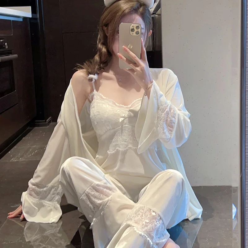 Velour Lace Ice Silk 3pc Sleepwear Set Women Bathrobe Pajamas Home Clothes Velvet Pajamas Suit Casual Lingerie Nightshirts