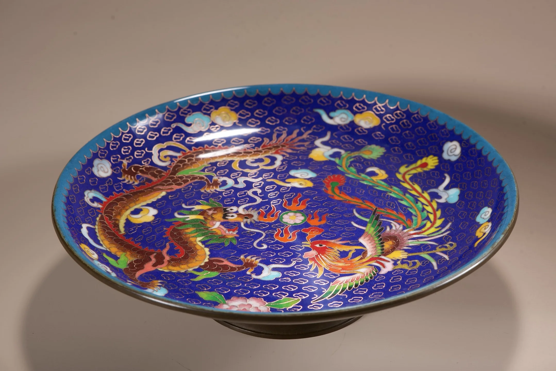 Old Bronze Cloisonne Flower texture Dragon and Phoenix Pattern fruit plate Reward Plate Study screen Amass wealth Ornaments