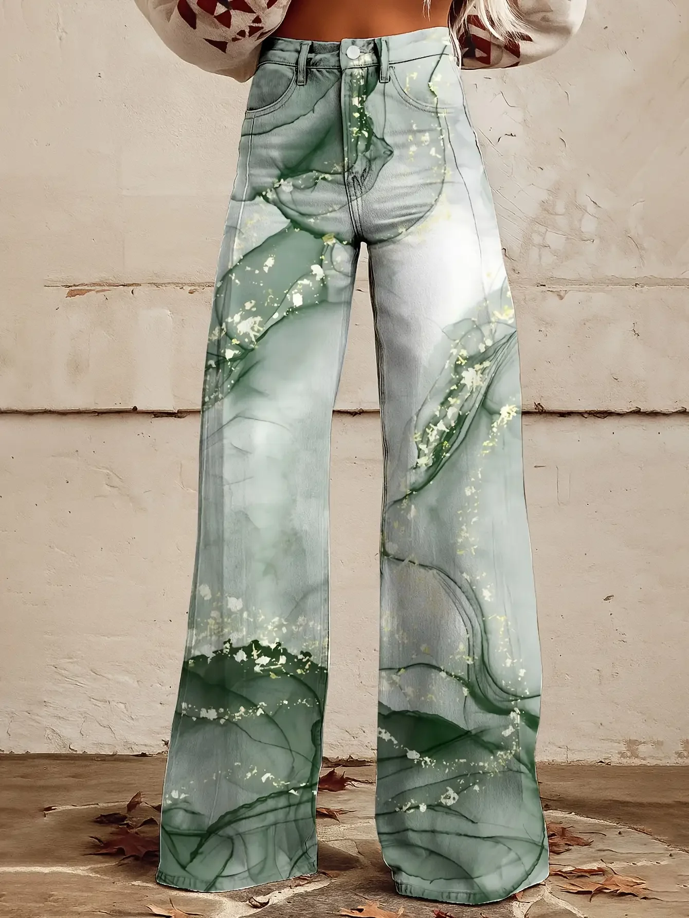 European and American women's pants, retro floral print jeans, wide leg pants, loose and comfortable, slimming imitation jeans