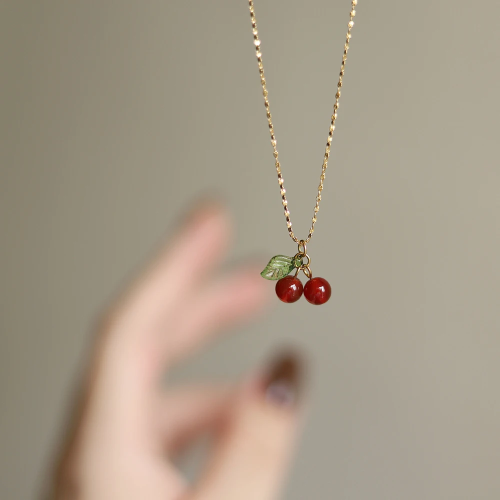 

Cute Sweet Carnelian Cherry Stainless Steel Vintage Fashion Pendant Necklace Charm 18K Gold Plating Jewelry Bijoux