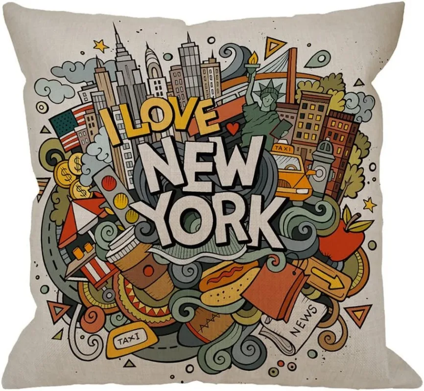 New York Decorative Throw Pillow Cover Case,Cartoon Doodles Inscription American