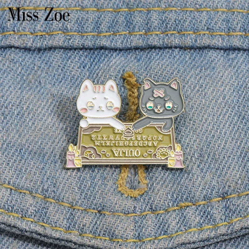 OUIJA CAT Enamel Pins Custom Brooches Numbers English Letters Lapel Badges Animal Divination Jewelry Gift for Friends