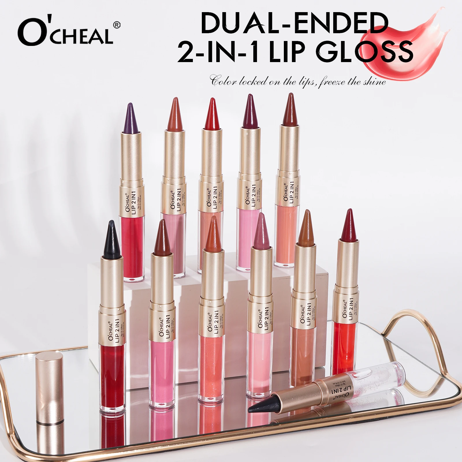 OCHEAL Dual-Ended 2-In-1 Lip Gloss Waterproof Matte Lipstick Smooth Lip Liner Outline Crayon Shiny Non-stick Cup Lip Gloss