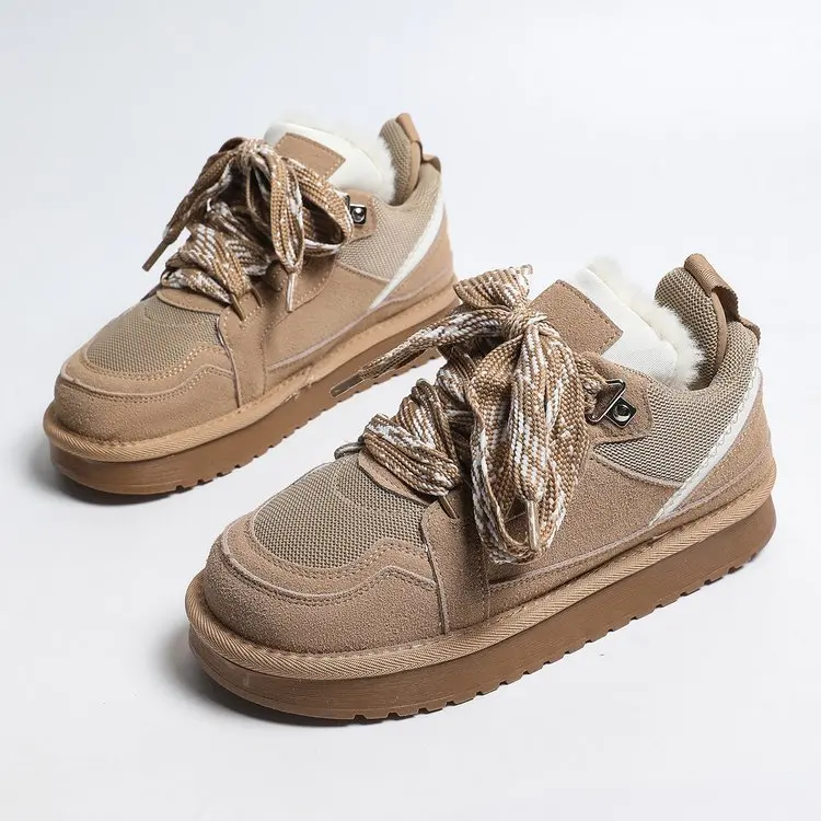 Damen Echt-Schaffell-Wollschneestiefel 2026 Neues Design Niedriger Schaft Dicke Sohle Schnürung Natürliches Fell Warme Baumwollschuhe Winter Herren Hausschuhe – Detail 11