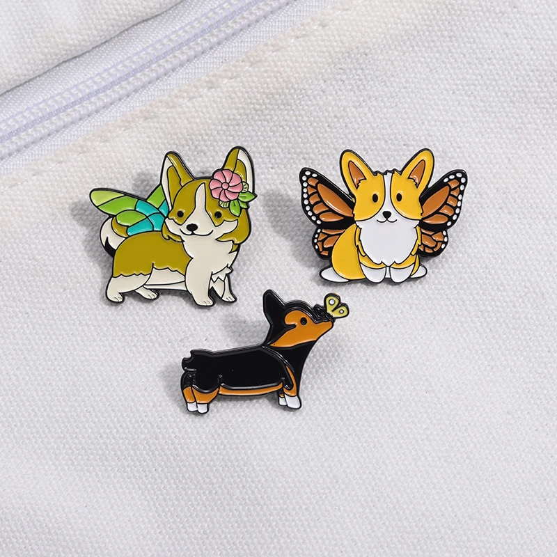 Cartoon Animal Metal Badge Clothing Accessories Dog corgi Wings Decoration Collar Pin Brooch Wholesale