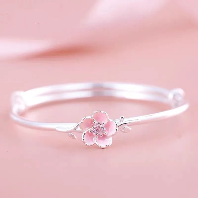 

Real Pure S999 Sterling Silver Bangle Women Pink Sakura Flower Adjust Bracelet 12g