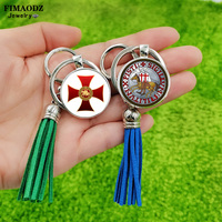 Vintage Knights Templar Keychain Tassel Bag Charms Army Crusader Masonic Freemason Symbol Glass Keyring for Men Women