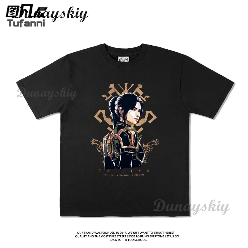 Arcane Caitlyn Cosplay T Shirt Fashion Men Aesthetic Anime Vi Jinx T-Shirt Cartoon Casual Vintage Cotton Shirts Customized