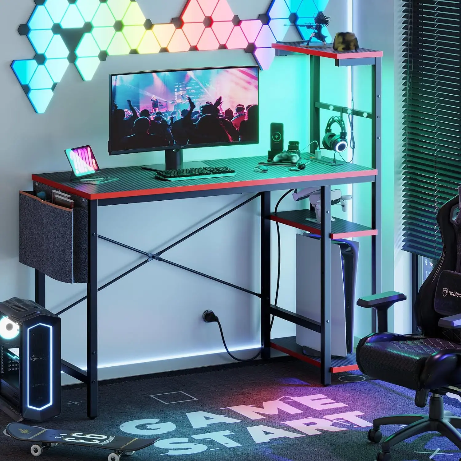 Gaming Desk with Power Outlets, 44 Inch LED Computer Desk with 4-Tier Reversible Shelves, PC Table with Headset Hook & Side Bag,