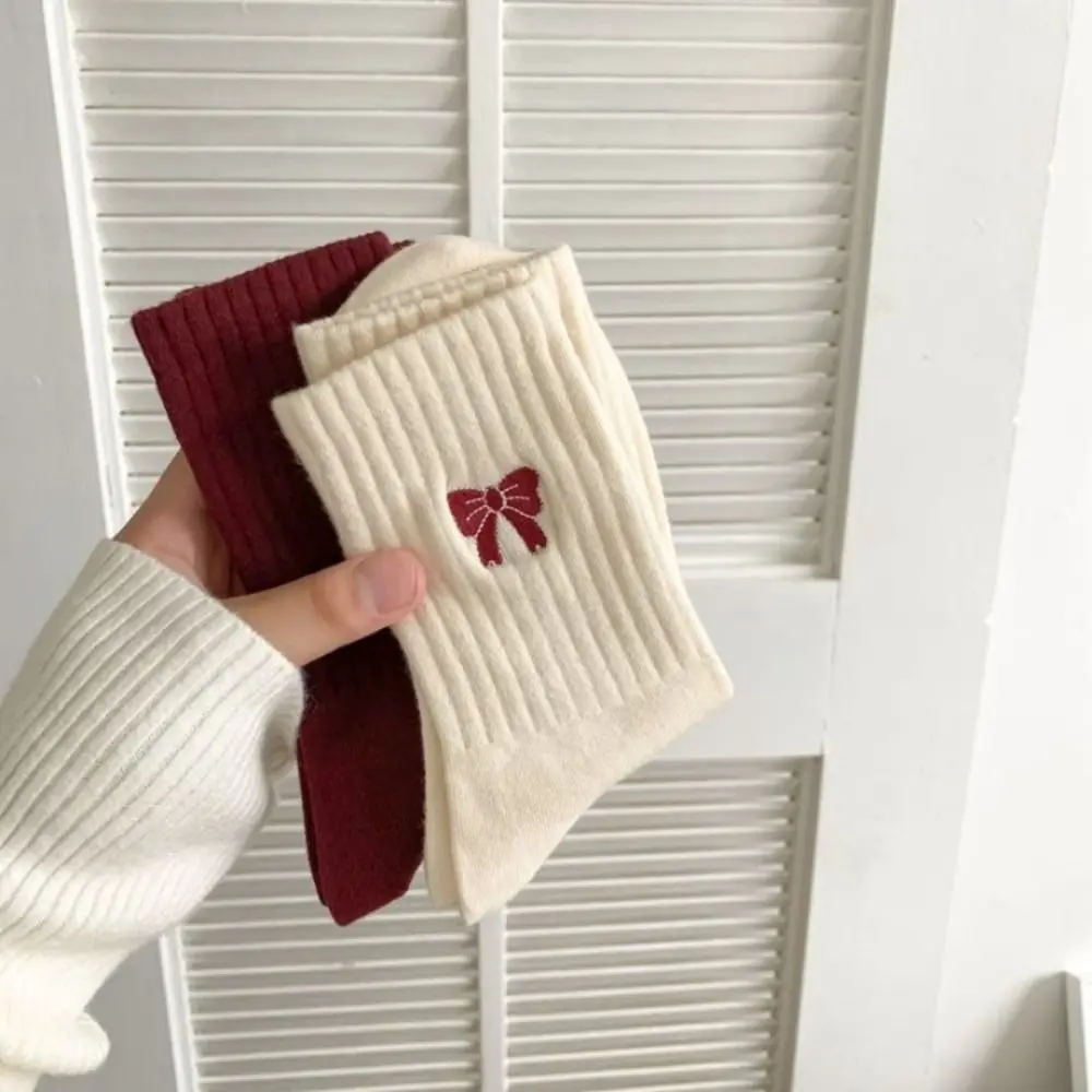 Red Lovely Bow Female Elastic Striped Socks Academy Style Cotton Middle Tube Socks Anti-slip Spring Snow Boot Socks Women Gift
