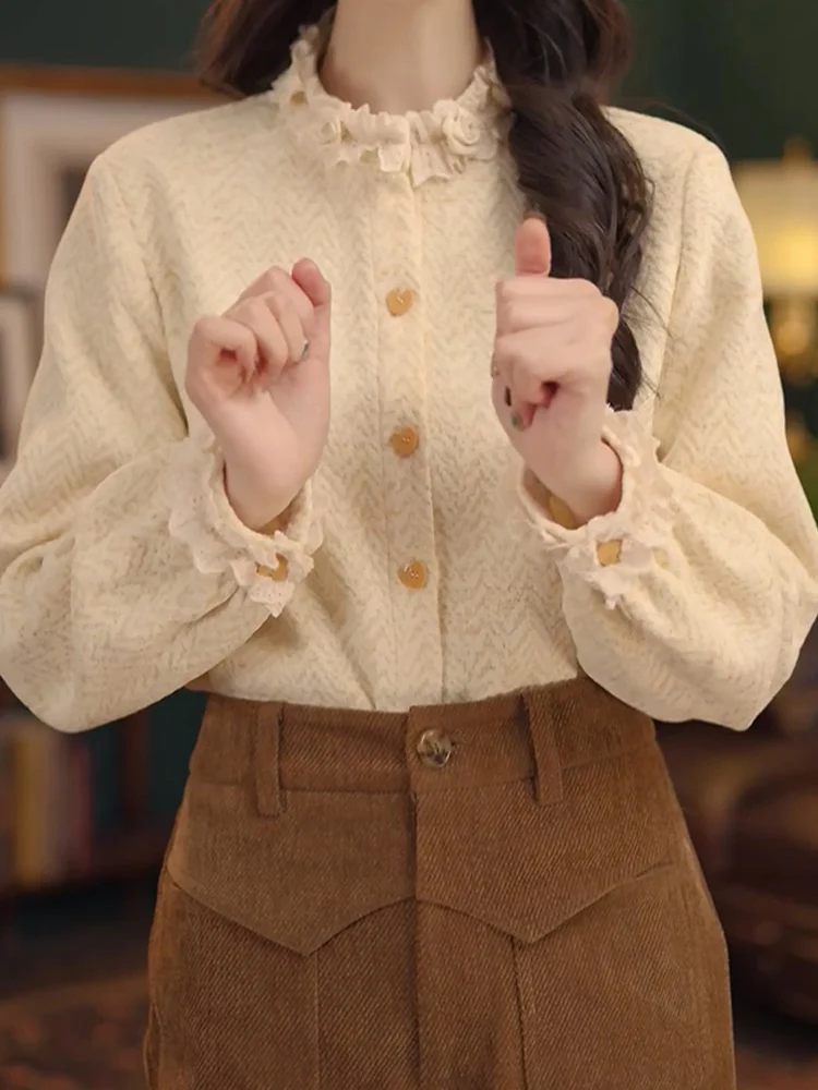 

Warm Floral Sweet Tea Retro Hong Kong Sle Autumn Winter Thi Casual Versatile irt Top Faionable Straight Cut Long S...