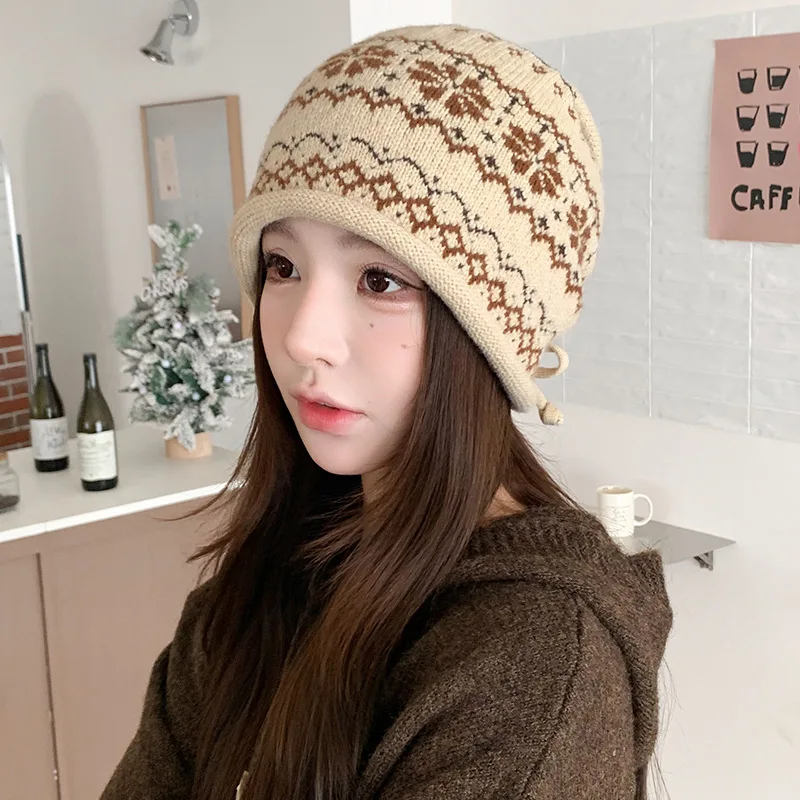 Women Retro Floral Fair Isle Knit Beanie Drawstring Roll Brim Hat Vintage Ethnic Soft Warm Autumn Winter Casual Daily Headwear