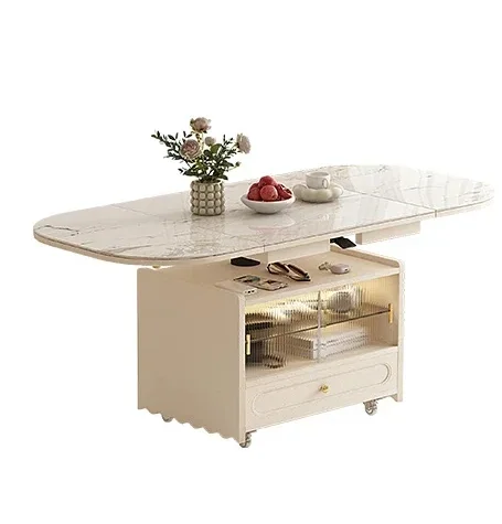 

Кремовый круглый журнальный столик с подъемом ветра, высокий стиль, гостиная, бытовой мобильный складной чайный столик с каменной тарелкой