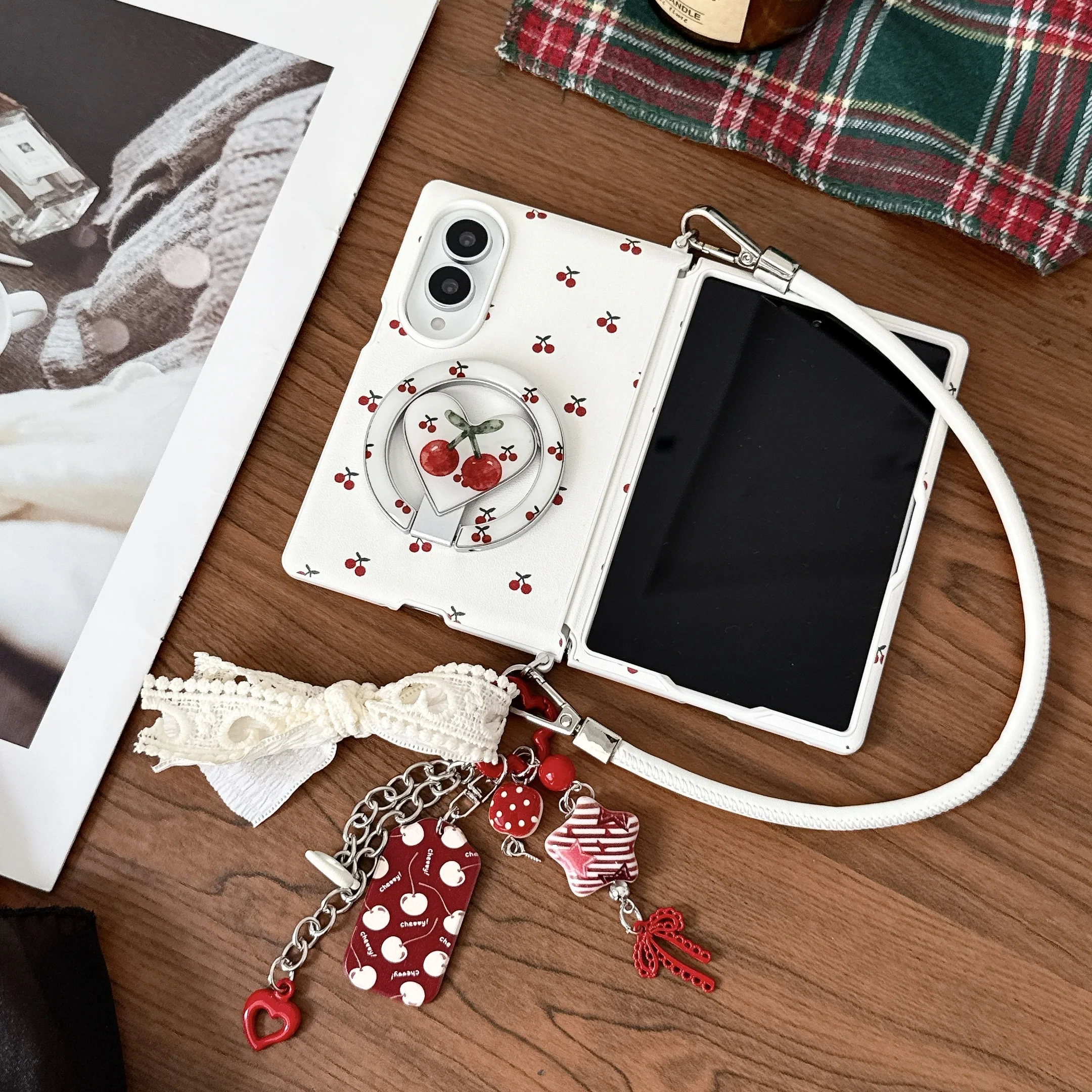 Cute Cherry Print Magnetic Stand Phone Case For Samsung Galaxy Z Fold8 Protective Cover With Wrist Strap for Magsafe