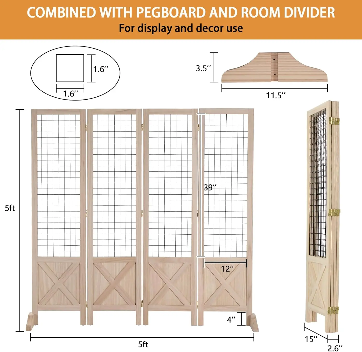 VINGLI Room Divider Freestanding Gridwall 4 Panel Folding Display Board Organizer with Base Feet  Decorative Wooden Frame Wire