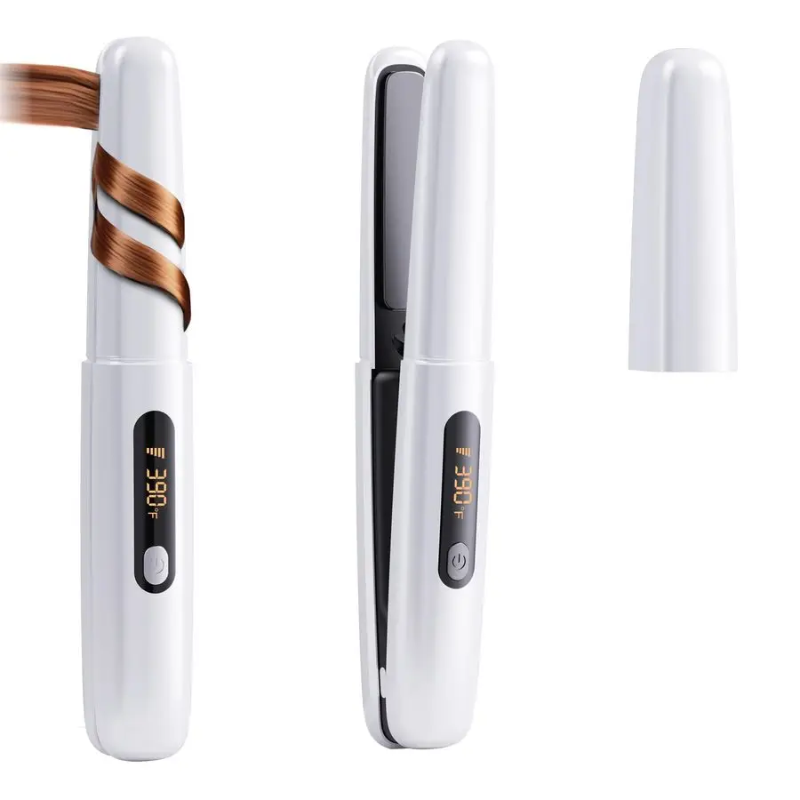 

Hair Straightener Curler 2 in 1 Ceramic Flat Iron Mini Portable Fast Heating 30s 4500mAh Battery 4 Temp Adjustments LCD Display