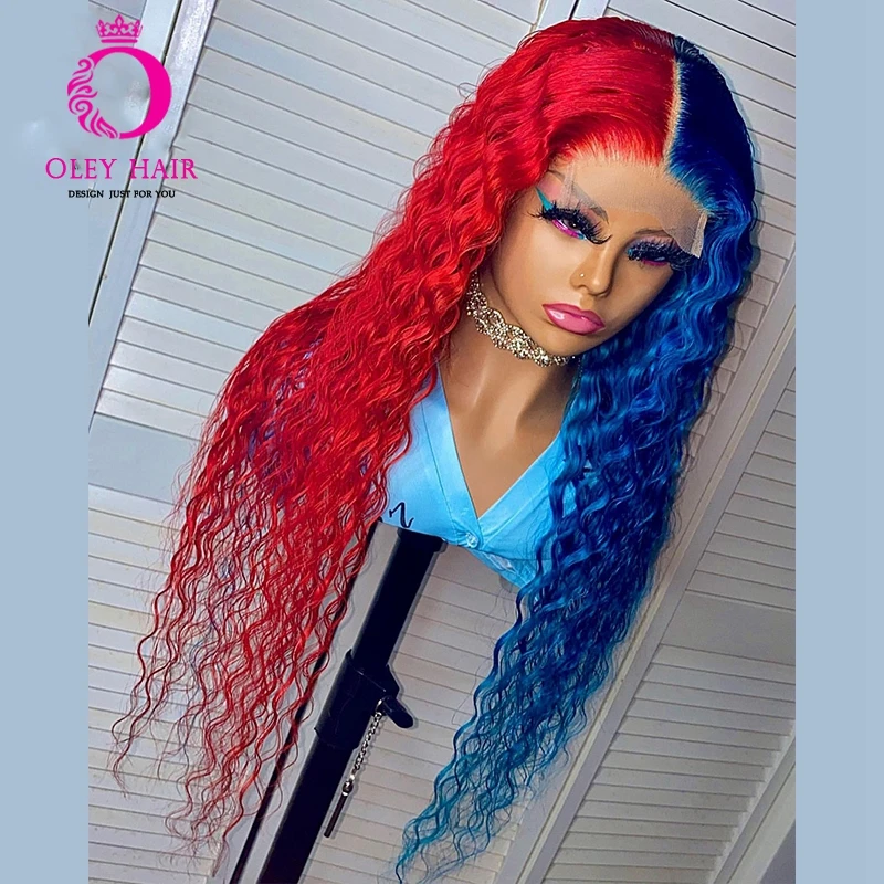 Half Red Half Blue Color 30 Inch Kinky Curly 13x4 Synthetic Lace Front Invisible Drag Queen Cosplay Wigs For Black Women 180%