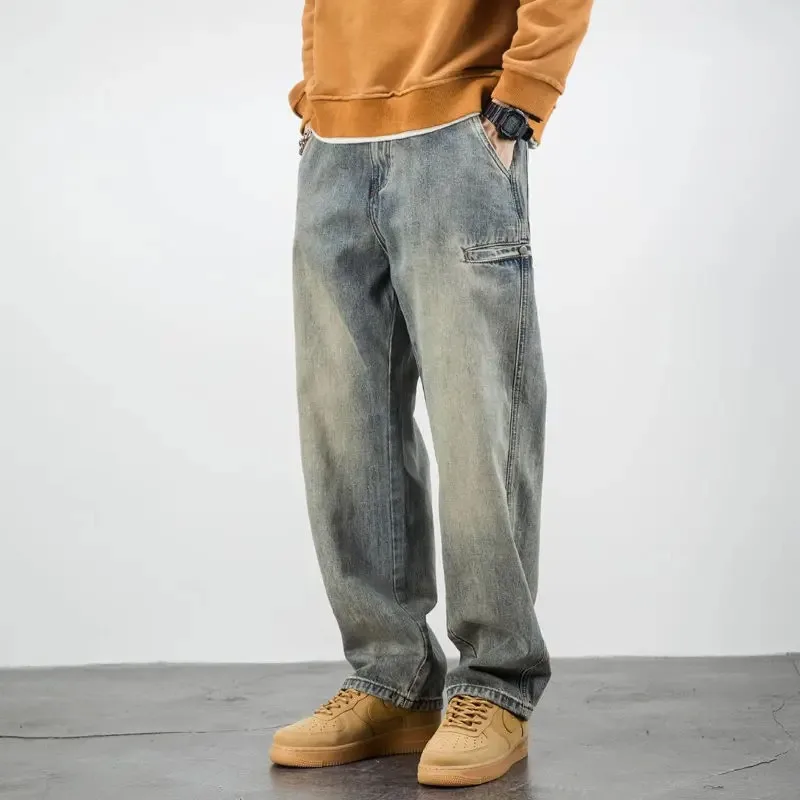 

American Casual Men Yellow Mud Dyed Jeans Spring Autumn Vintage Oversize Pants Streetwear Fashion Baggy Straight Wide Trousers