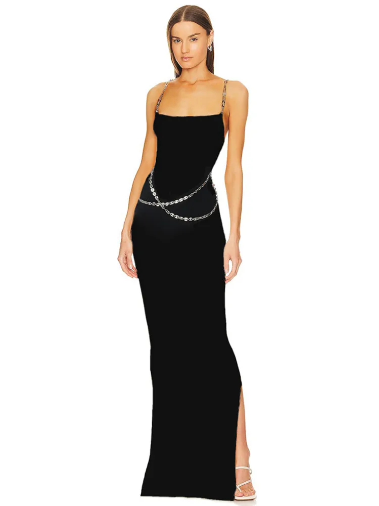 Women Summer Luxury Sexy Sleeveless Backless Chain Black White Maxi Long Gowns Celebrity Elegant Evening Party Club Dress