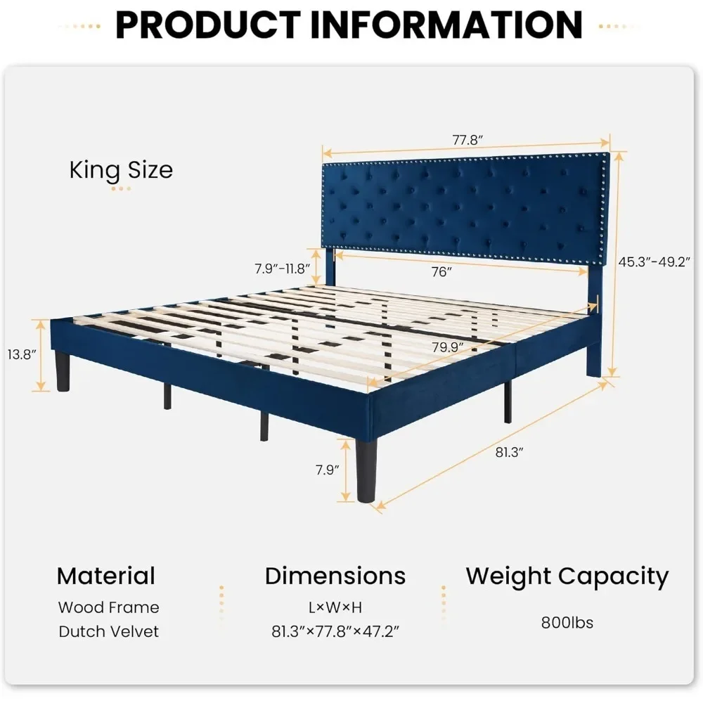 King Size| Velvet Bed Frame with Adjustable Headboard, Diamond Button Tufted and Rivet Decor, No Box Spring Needed