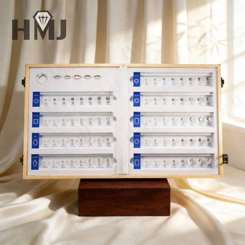 Kit de diseño de logotipo gratuito para minorista de joyería con tabla de comparación personalizada, configuración de anillo, 5A CZ, formas elegantes de diamante, tamaños de quilates